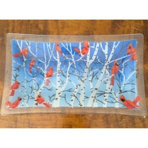 Vintage Artist Peggy Karr Fused Art Glass Tray Cardinals Birch Trees